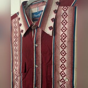 Vintage 1990s Southwest Wrangler Pearl Snap Western Shirt - Red and Crea…